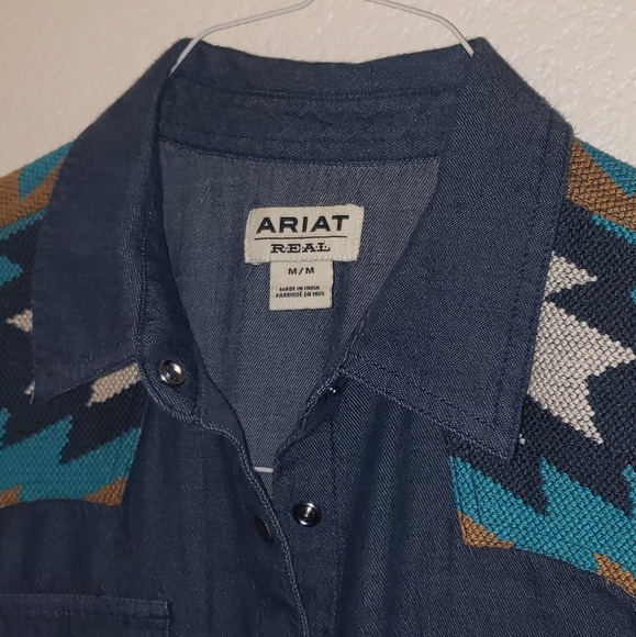 ARIAT | Womens Blue Southwestern Tapestry Real Vivacious Chambray Button Up Top - Picture 2 of 7